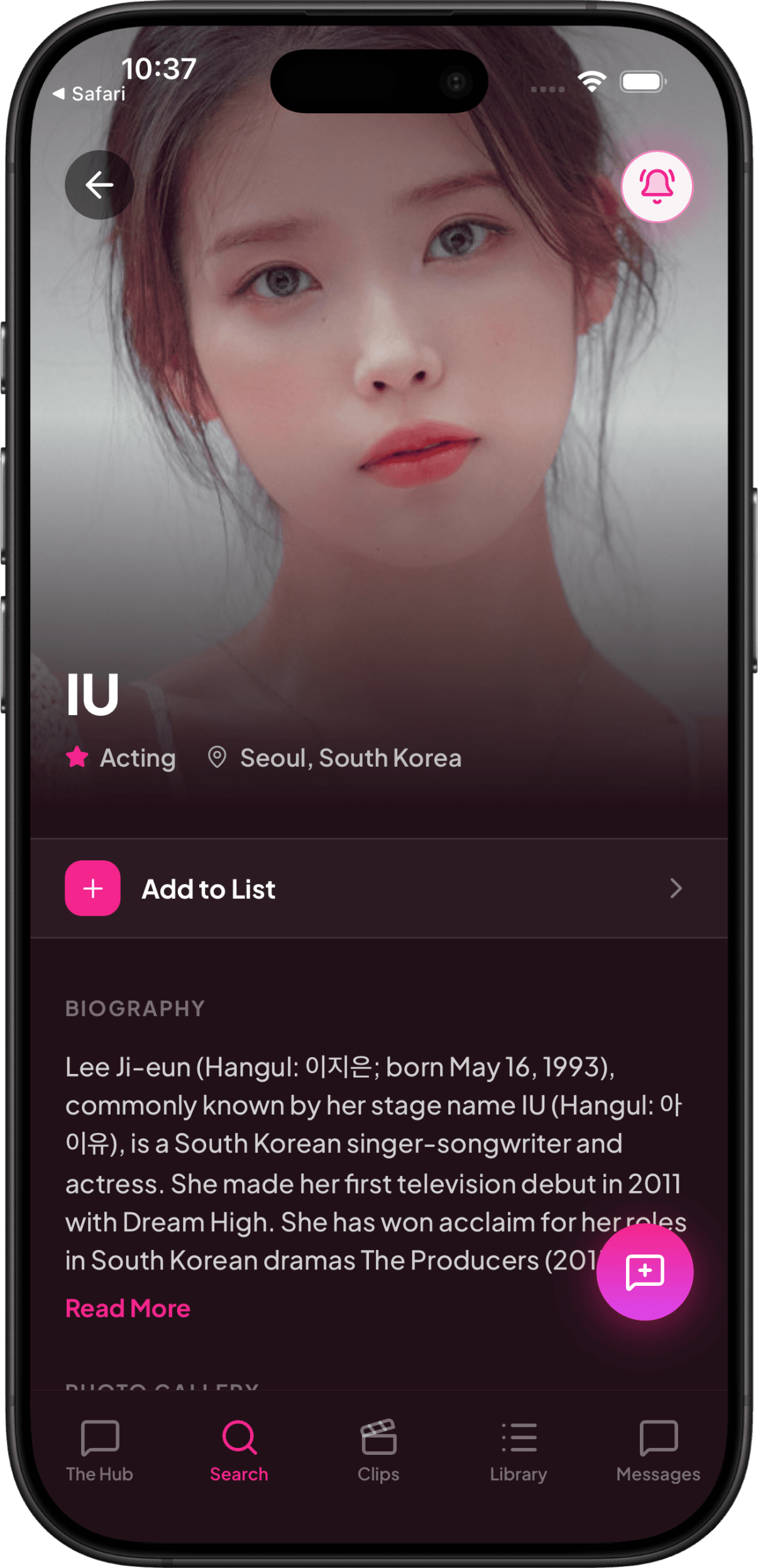 KDrama FanClub actor profile screen